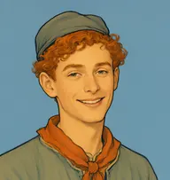 Illustrated portrait of Manera: about 27, curly ginger-red, grey-green tunic with orange neckerchief