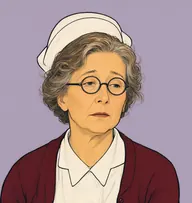 Illustrated portrait of Mrs. Walker: about 55, faded sandy-brown streaked with grey, wisps escaping the cap, white nurse's uniform with a maroon wool cardigan