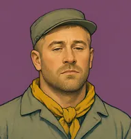 Illustrated portrait of Piani: about 35, sandy-blond, close-cropped, rumpled grey-green driver's tunic with a mustard-yellow scarf