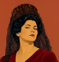 Illustrated portrait of Carlotta: about 38, jet black, in a heavy coiffure, crimson velvet gown