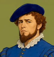 Illustrated portrait of Carolus Fonta: about 44, curly auburn, Faust costume doublet in royal blue with a lace collar