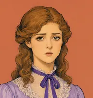Illustrated portrait of Christine Daae: about 22, long wavy chestnut-gold, loosely pinned, lilac silk dress with a lace collar