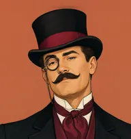 Illustrated portrait of Count Philippe: about 41, dark brown, sleek, receding, black evening dress with a silk top-hat-style sash in garnet