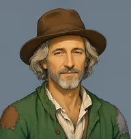 Illustrated portrait of Daae: about 56, long grey-blond, wavy, past the ears, patched peasant jacket in forest-green with a rough linen shirt