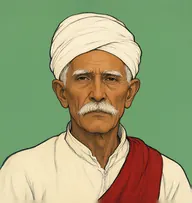 Illustrated portrait of Darius: about 70, white, cropped close, white tunic with a deep-red sash at the shoulder