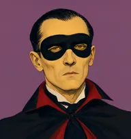 Illustrated portrait of Erik: about 40, sparse black, slicked flat, black cape lined in crimson over evening dress