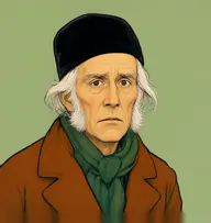 Illustrated portrait of Gabriel: about 58, wispy white, long over the ears, rust-brown coat with a bottle-green scarf
