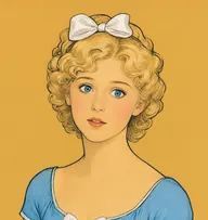 Illustrated portrait of Jammes: about 16, pale blond, in curled ringlets, sky-blue ballet bodice
