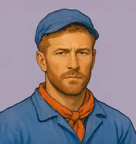 Illustrated portrait of Joseph Buquet: about 47, cropped sandy-red, blue work smock with an orange kerchief