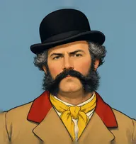 Illustrated portrait of Lachenel: about 50, black, thick and curly, going grey at sides, scarlet-lined riding jacket in tan with a yellow neckerchief