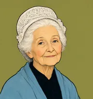 Illustrated portrait of Mamma Valerius: about 72, snowy white, in a soft bun, dove-blue shawl over a black dress