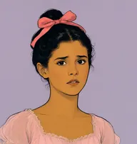 Illustrated portrait of Meg Giry: about 15, ink-black, tied in a ballet knot, pale pink tulle bodice