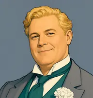 Illustrated portrait of Mercier: about 48, thick golden-blond, swept back, teal-green waistcoat with a grey frock coat