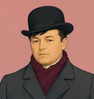 Illustrated portrait of Mifroid: about 50, bald crown with black fringe, charcoal overcoat with a maroon muffler