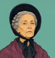 Illustrated portrait of Mme. Giry: about 66, iron-grey, scraped into a tight twist, faded shawl in mulberry over old taffeta dress