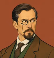 Illustrated portrait of Moncharmin: about 45, dark brown, side-parted with a few grey strands, tobacco-brown frock coat with a green-checked waistcoat