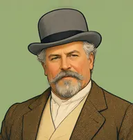 Illustrated portrait of Pedro Gailhard: about 59, grey, thick, brushed up, brown tweed jacket with a cream waistcoat