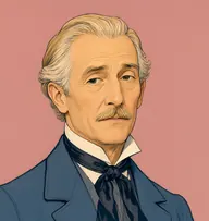 Illustrated portrait of Poligny: about 62, long straw-blond going silver, swept back, slate-blue frock coat with a grey ascot