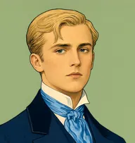 Illustrated portrait of Raoul: about 21, fair blond, neatly parted, navy evening coat with a white wing collar and sky-blue silk cravat
