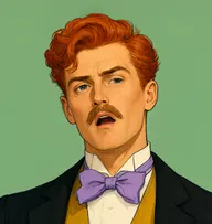Illustrated portrait of Remy: about 30, carroty red, brushed up, mustard-yellow waistcoat and black jacket