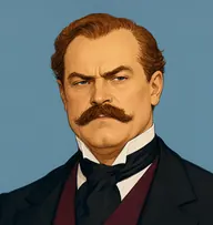 Illustrated portrait of Richard: about 52, receding auburn, combed back, burgundy waistcoat under a black frock coat