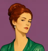 Illustrated portrait of Sorelli: about 32, glossy auburn, swept in a high chignon, emerald-green satin wrap