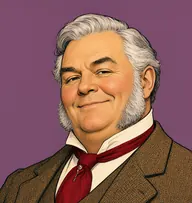 Illustrated portrait of Editor: thick swept-back silver hair, brown tweed jacket with a crimson cravat