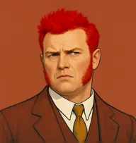 Illustrated portrait of Filby: about 38, bright copper-red, short and bristly, russet-brown jacket with a mustard tie