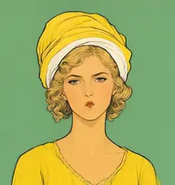 Illustrated portrait of Anne Mitchell: about 19, light blond, side ringlets, buttercup-yellow gown