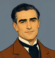 Illustrated portrait of Captain Harville: about 38, short black hair with early grey at the temples, rust-brown frock coat with a plain black stock