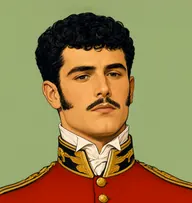 Illustrated portrait of Captain Tilney: about 28, jet black, fashionably curled Brutus crop, scarlet regimental coat with gold buttons
