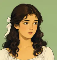 Illustrated portrait of Catherine Morland: about 16, long dark brown hair in loose ringlets, white muslin gown with a sky-blue sash