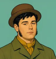 Illustrated portrait of Charles Musgrove: about 25, short black hair, tousled, olive-green shooting coat with a mustard neckerchief