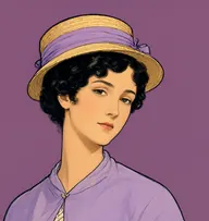 Illustrated portrait of Eleanor Tilney: about 23, glossy black hair in a neat knot with curls at temples, lavender pelisse over cream gown