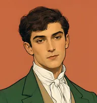 Illustrated portrait of Henry Tilney: about 26, dark brown, short and tousled, bottle-green tailcoat with buff waistcoat