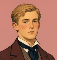 Illustrated portrait of James Morland: about 21, sandy-blond, neat side parting, claret-brown coat with striped waistcoat