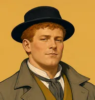 Illustrated portrait of John Thorpe: about 24, ginger, cropped and untidy, many-caped drab greatcoat with mustard waistcoat
