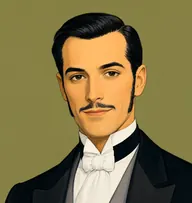 Illustrated portrait of Mr Elliot: about 35, sleek jet-black hair, oiled and combed flat, black mourning coat with a silver-grey waistcoat and crisp white cravat
