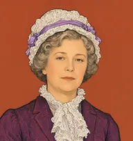 Illustrated portrait of Mrs. Allen: about 52, faded blond-grey curls under a cap, figured plum gown with fichu