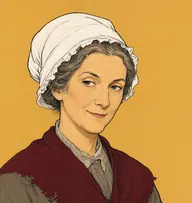Illustrated portrait of Mrs Smith: thinning mousy-grey hair under a cap, mended maroon shawl over a plain grey-brown gown