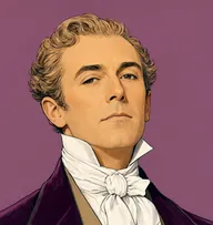 Illustrated portrait of Sir Walter Elliot: about 54, carefully curled sandy-blond hair, faintly thinning at the crown, plum velvet coat with a buff waistcoat and starched white cravat