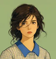 Illustrated portrait of Jerusha Abbott: about 18, dark brown, wind-tossed loose waves falling across face, a faded gingham orphanage dress with a cornflower-blue collar