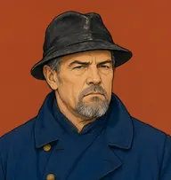 Illustrated portrait of Andrew Speedy: about 55, grizzled iron-grey, cropped, balding crown, navy-blue peacoat with brass buttons