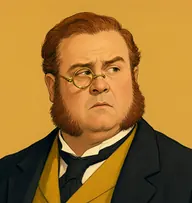 Illustrated portrait of Andrew Stuart: about 50, thinning auburn, combed over, mustard-yellow waistcoat, black coat