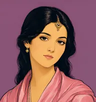 Illustrated portrait of Aouda: about 22, glossy black, long, parted in middle, rose-pink silk shawl over European travelling dress