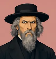 Illustrated portrait of Elder William Hitch: about 50, long lank grey, black preacher's coat, white shirt