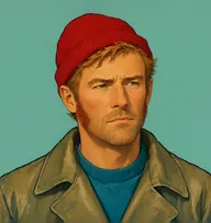 Illustrated portrait of John Bunsby: about 45, sandy-red, wind-tossed, teal-blue jersey under oilskin