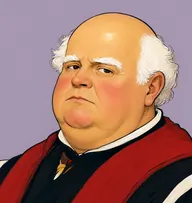 Illustrated portrait of Judge Obadiah: about 58, bald crown with white side tufts, scarlet-trimmed black robe with white bands