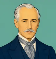 Illustrated portrait of Samuel Fallentin: about 55, silver-white, receding, smooth, navy frock coat, silver-grey ascot