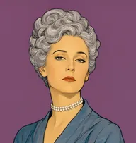 Illustrated portrait of Aline Gardner: silver-grey, marcelled and elaborately upswept, slate-blue silk with a pearl choker